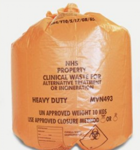Clinical Waste Printed Sack HD 15x28x39"10kg - Orange (SINGLE ROLL)             FL0512