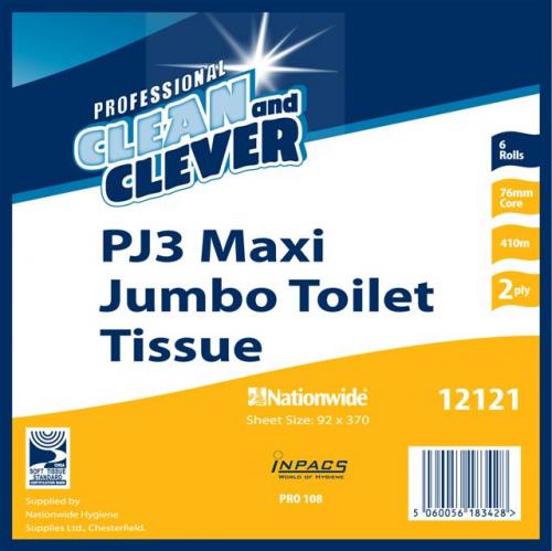 Clean & Clever Maxi Jumbo PJ3           Toilet Tissue 2ply White (3"Core)       12121