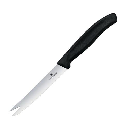 Victorinox Swiss Classic Black Handle Bar Knife Fork Tip Wavy Edge - 11cm