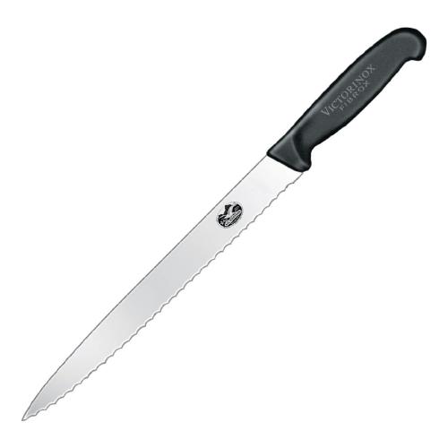 Victorinox Fibrox Black Handle Slicing Knife Pointed Tip Wavy Edge - 25cm