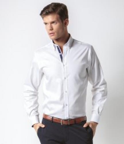 Kustom Kit Premium Long Sleeve Contrast Tailored Fit Oxford Shirt