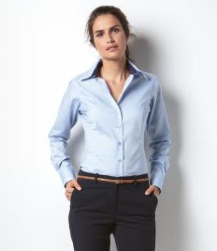 Kustom Kit Ladies Premium Long Sleeve Contrast Tailored Fit Oxford Shirt