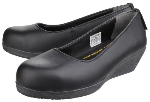 FS107 Antibacterial Memory Foam Slip on Wedged Safety Court Shoe - Black - Size 3