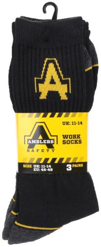 Amblers Heavy Duty Work Socks 3 pack - Black - Size